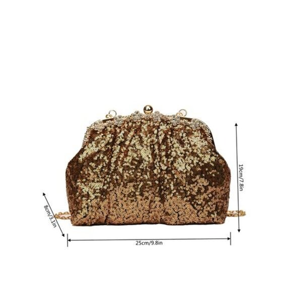 Gold Sequin Rhinestone Decor Ruched Bag for Wedding Formal Dress Clutch Purse - Picture 3 of 5